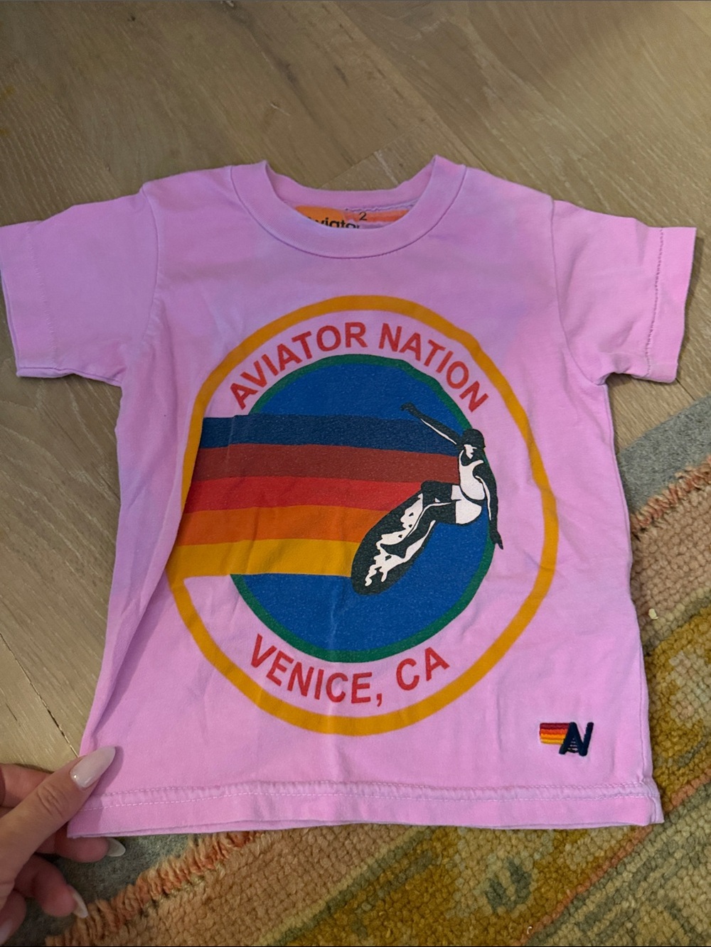 Aviator Nation Kids Pink Tee with Rainbow Surf Logo